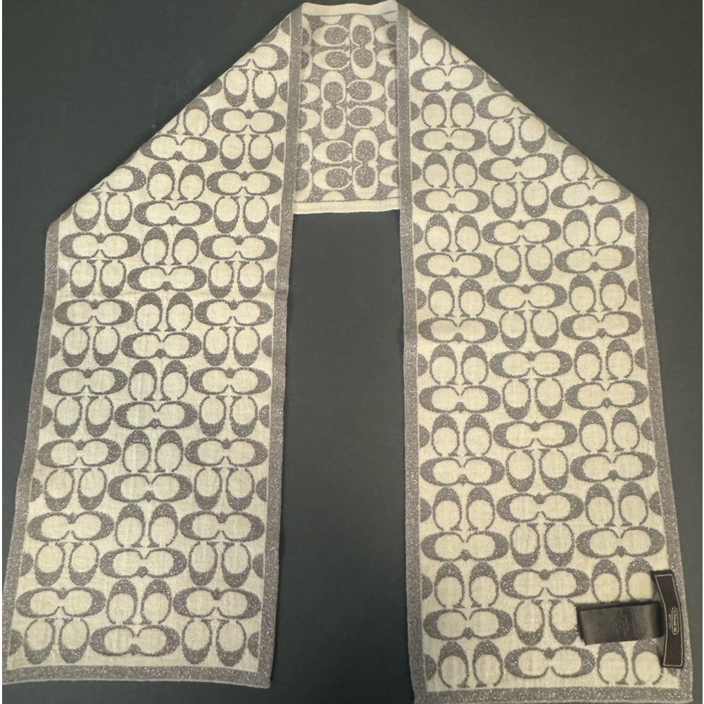 Coach Vintage Silver and Cream Reversible Scarf, Merino Wool Blend